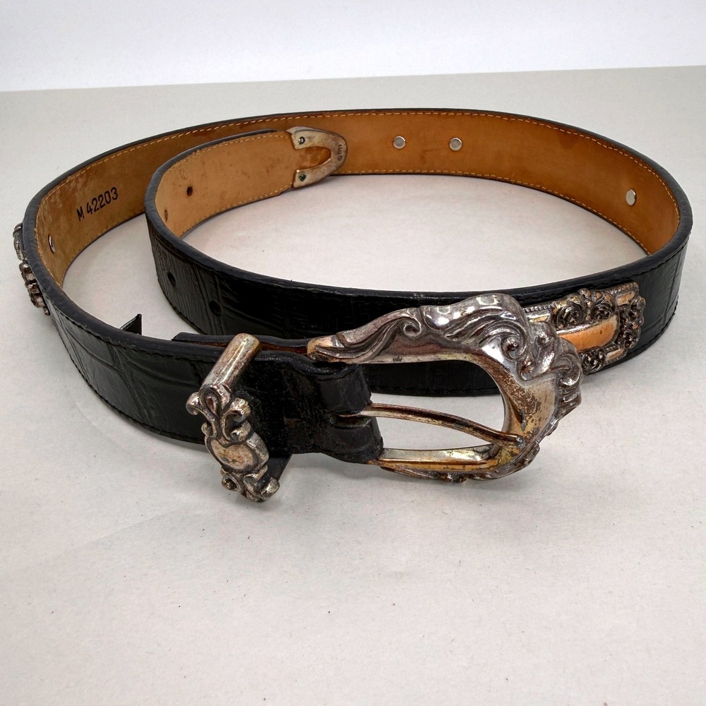 Vintage Brighton Black Croc Embossed Leather Western Belt Silver Hardware
